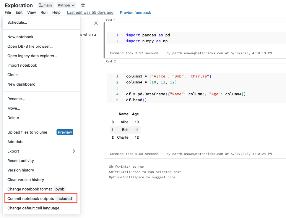 Noteboook-Editor: Notebookausgaben Commit-Status und -Steuerelement.