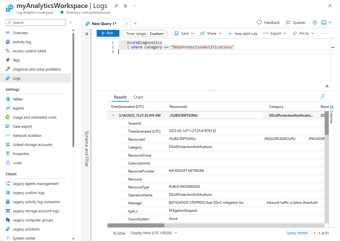 Screenshot: Anzeigen von DDoS Protection-Benachrichtigungsprotokollen im Log Analytics-Arbeitsbereich.