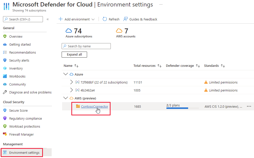 Screenshot der Seite mit den Umgebungseinstellungen von Defender für Cloud, die einen AWS-Connector zeigt.