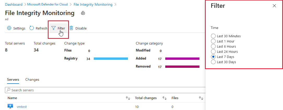 Screenshot: Zeitraumfilter für das Dashboard der Überwachung der Dateiintegrität.