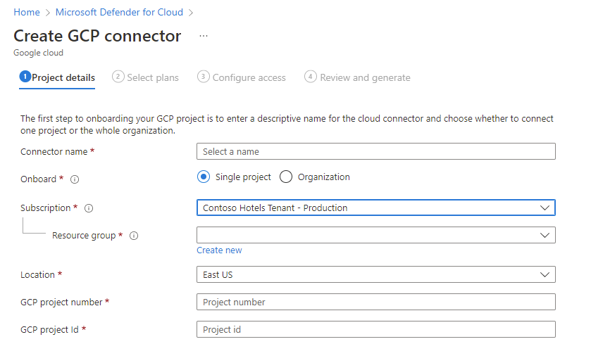 Screenshot der Seite „GCP-Connector erstellen“, auf der Sie alle relevanten Informationen eingeben müssen.