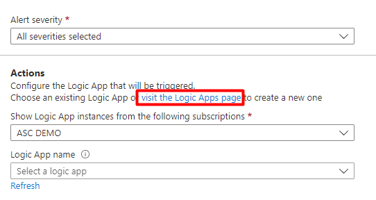Screenshot, der den Abschnitt „Aktionen“ des Bildschirms „Workflowautomatisierung hinzufügen“ zeigt, und den Link, um Azure Logic Apps zu besuchen.