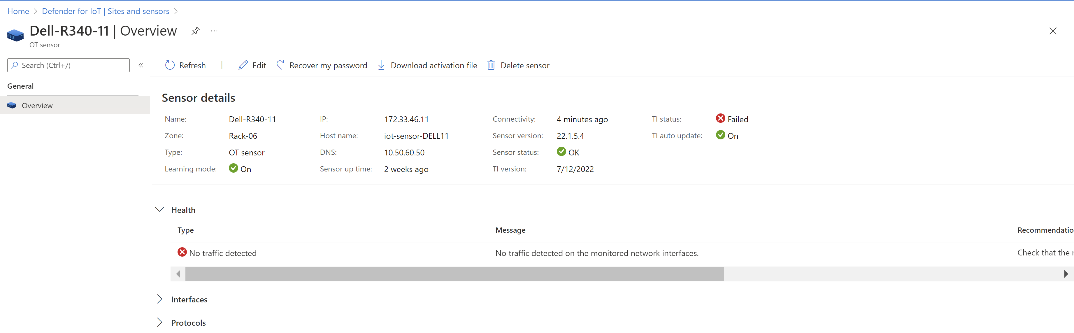 Screenshot der Seite mit den Sensordetails, auf der Integritätsinformationen gezeigt werden.