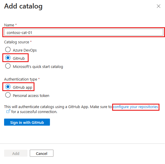 Screenshot des Azure-Portals mit der Auswahl zum Hinzufügen eines Katalogs mit hervorgehobenem Link zum Konfigurieren von Repositorys.