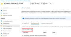 Screenshot: Speicherort des Links, der zum Erstellen eines neuen geheimen Clientschlüssels auf der Seite „Zertifikate und Geheimnisse
