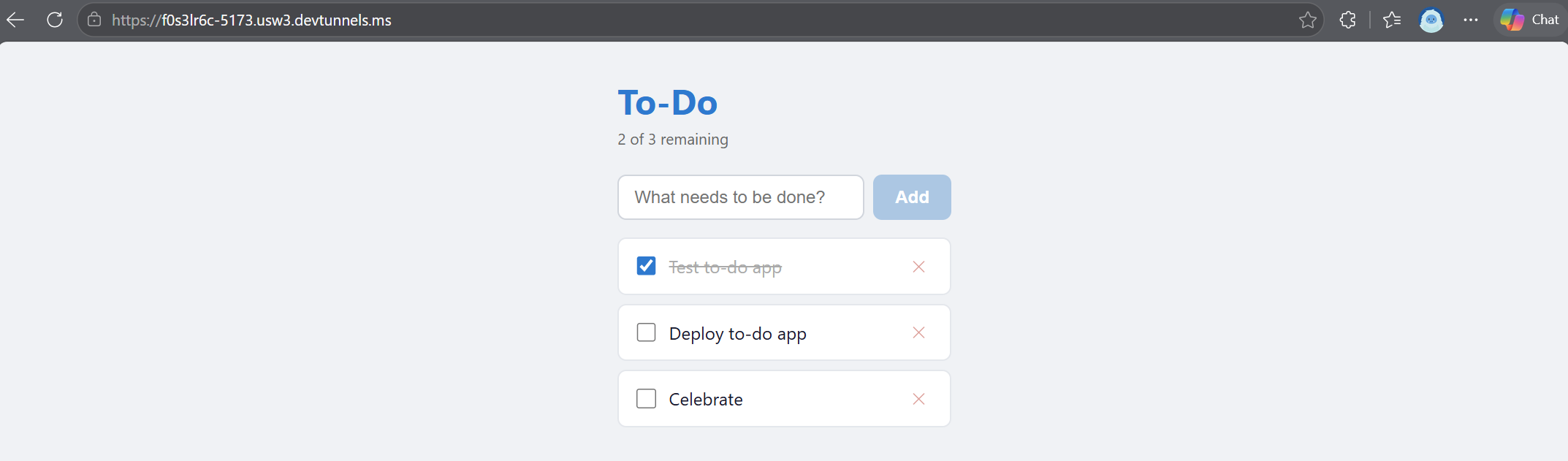 Screenshot der To-Do-App, der 2 von 3 verbleibenden Aufgaben, eine abgeschlossene Aufgabe und ein Eingabefeld zum Hinzufügen neuer Aufgaben zeigt.