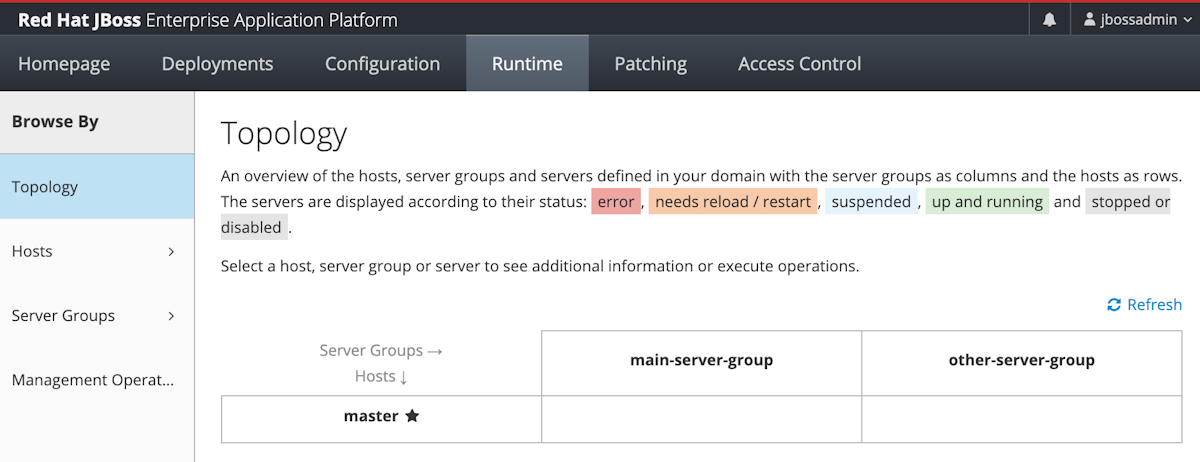 Screenshot von Red Hat JBoss Enterprise Application Platform, der die Registerkarte Runtime und den Bereich Topology mit nur einem Domänencontroller zeigt.