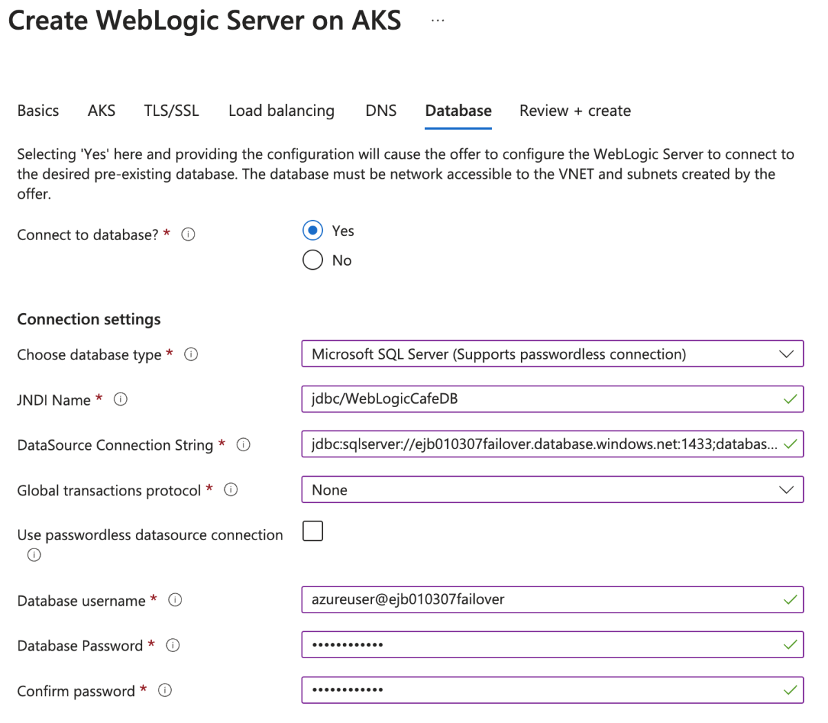 Screenshot des Azure-Portal, der den Oracle WebLogic Server Cluster im AKS-Datenbankbereich zeigt.