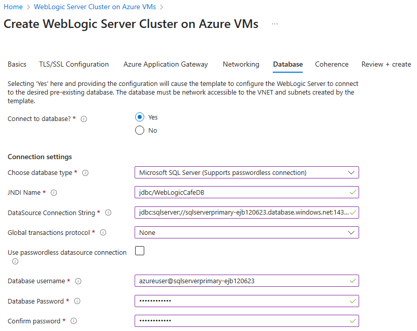 Screenshot des Azure-Portals, in dem der Oracle WebLogic Server-Cluster auf Azure VMs im Bereich „Datenbank“ angezeigt wird.