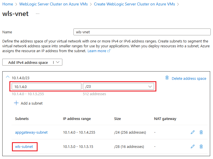 Screenshot des Azure-Portals, in dem der Oracle WebLogic Server-Cluster auf Azure VMs im Bereich „Virtuelles Netzwerk“ angezeigt wird.