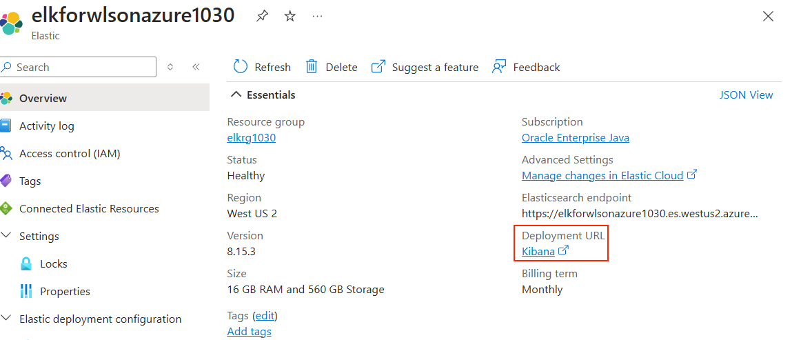 Screenshot: Seite „Elastic“ im Azure-Portal mit hervorgehobener Bereitstellungs-URL für Kibana