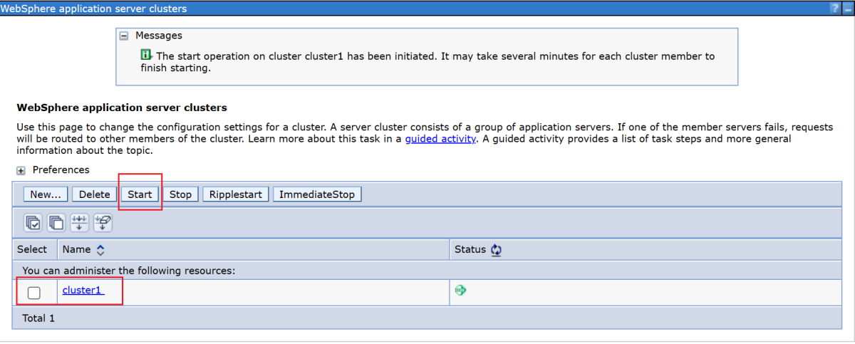 Screenshot der Auswahl zum Starten eines neu erstellten Clusters in der IBM Console.