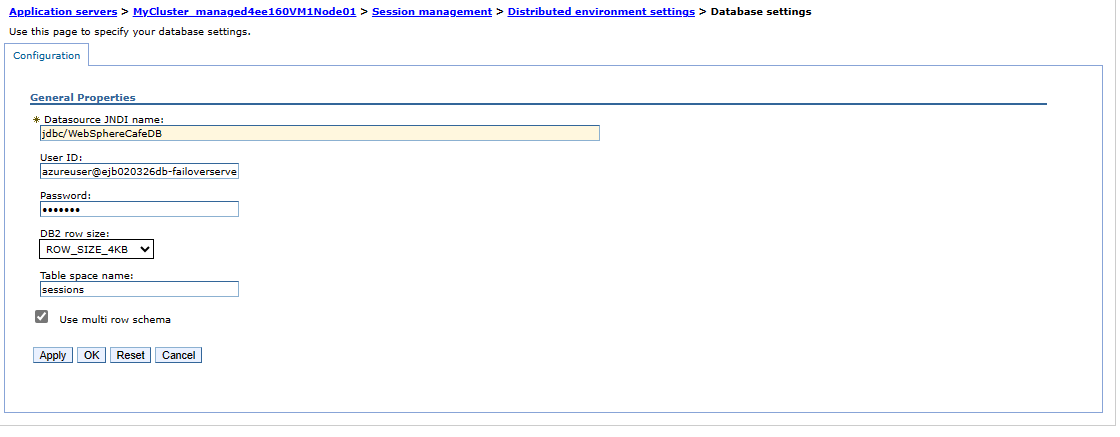 Screenshot der Dmgr WebSphere Integrated Solutions Console mit der Seite „Datenbankeinstellungen“ mit dem Status der Einstellung für verteilte Sitzungen.