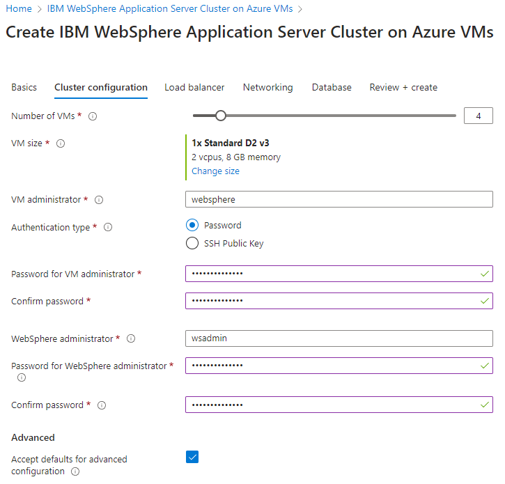 Screenshot des Azure-Portals, das den Bereich „IBM WebSphere Application Server Cluster auf Azure VMs – Clusterkonfiguration“ zeigt.