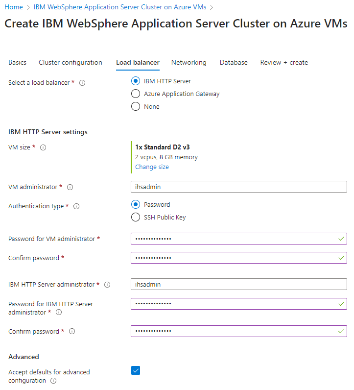 Screenshot des Azure-Portals, das den Bereich „IBM WebSphere Application Server Cluster auf Azure VMs – Load Balancer“ zeigt.