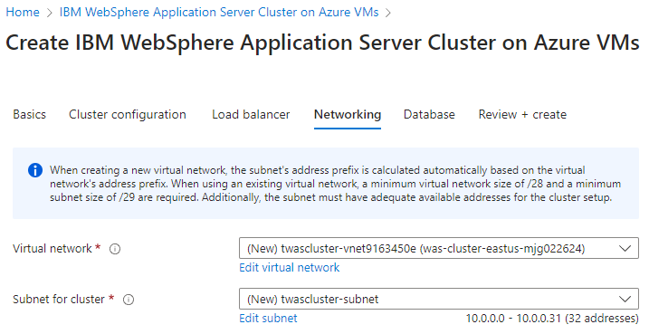 Screenshot des Azure-Portal, der den IBM WebSphere Application Server Cluster auf Azure VMs Networking-Bereich zeigt.
