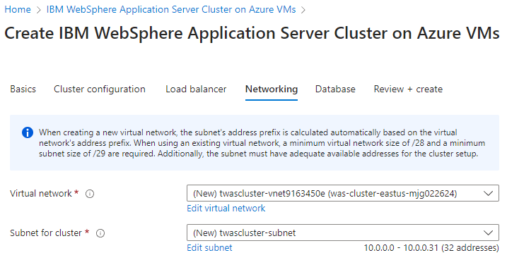 Screenshot des Azure-Portals, das den Bereich „IBM WebSphere Application Server Cluster auf Azure VMs – Netzwerk“ zeigt.