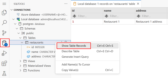 Screenshot, der zeigt, wie die Erweiterung touUse SQLTools in Visual Studio Code zum Herstellen einer Verbindung mit der lokalen Postgres-Datenbank und zum Anzeigen von Tabellendatensätzen verwendet wird.
