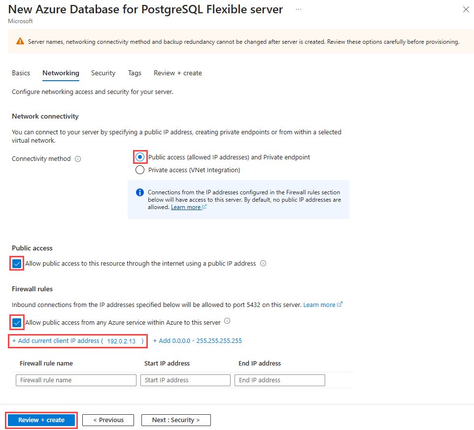 Screenshot, der Netzwerkeinstellungen einer Azure-Datenbank für einen flexiblen PostgreSQL-Server im Azure-Portal zeigt.