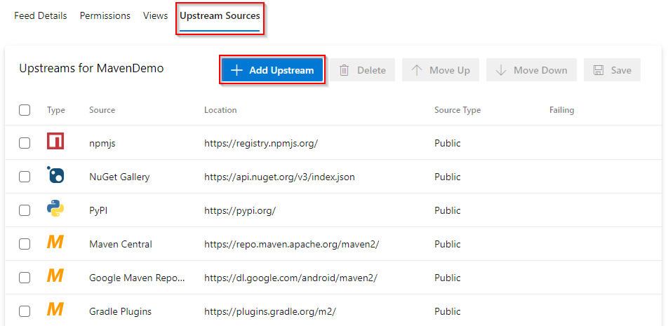 Screenshot: Zugreifen auf Upstream Quellen, um eine neue Upstream hinzuzufügen.