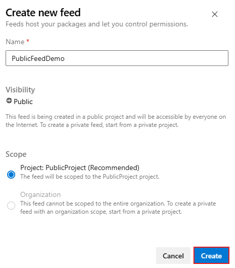 Screenshot, der zeigt, wie ein neuer öffentlicher Feed erstellt wird.