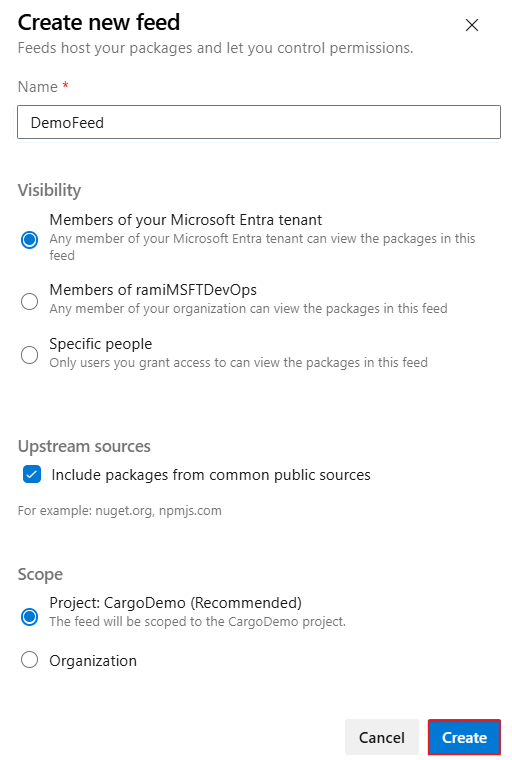 Screenshot, der zeigt, wie Sie einen neuen Feed erstellen und upstream-Quellen in Azure Artifacts aktivieren.