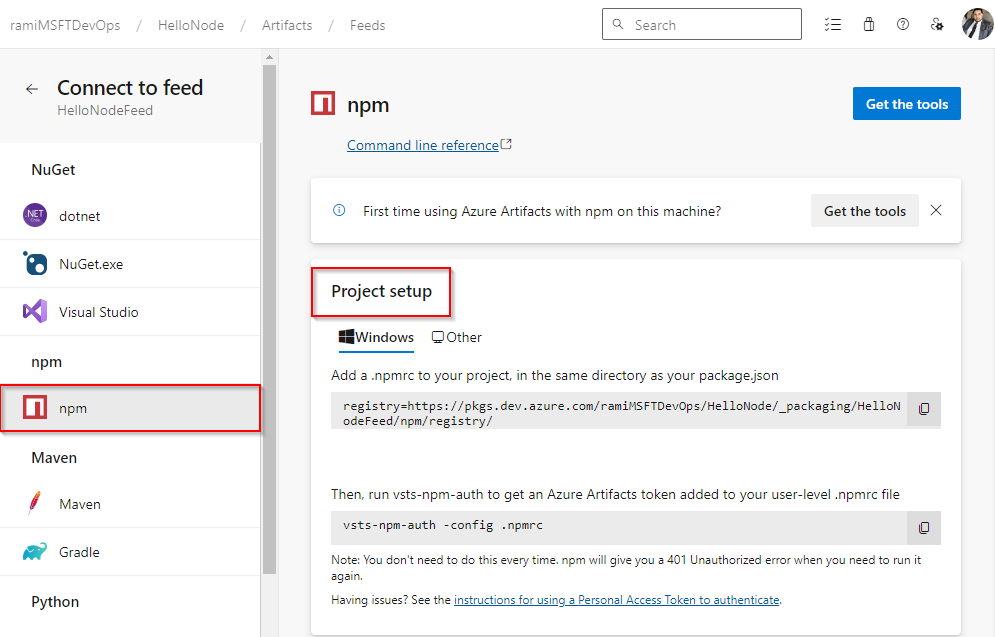 Screenshot, der zeigt, wie Sie ein npm-Projekt einrichten und eine Verbindung mit einem Feed in Azure DevOps Services herstellen.