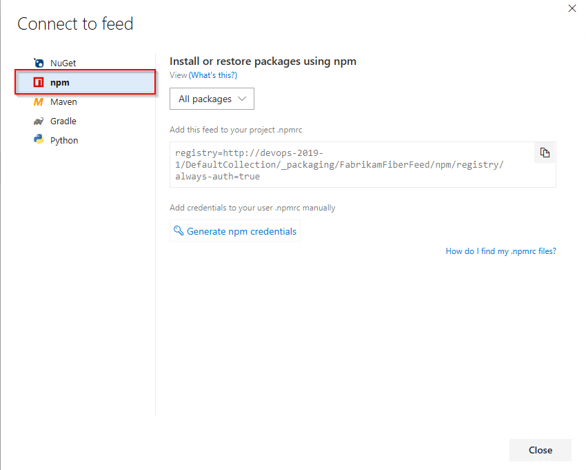 Screenshot, der zeigt, wie Sie Ihre npmrc-Dateien auf Projektebene und Benutzerebene in Azure DevOps Server 2019.1 einrichten.