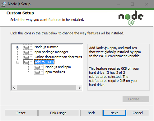 Screenshot, der zeigt, wie node.js eingerichtet werden.