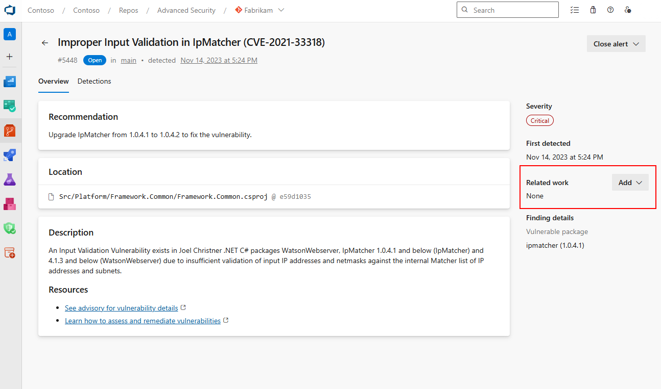 Screenshot der Advanced Security-Warnung zum Verknüpfen verwandter Arbeitsaufgaben.