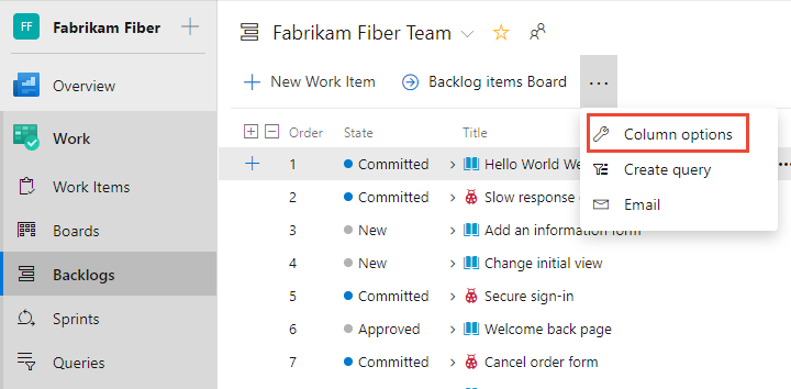 Der Screenshot zeigt die Optionen zum Öffnen der Spalte.