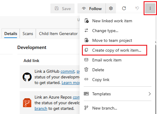 Der Screenshot zeigt das geöffnete Kontextmenü mit der Markierung Kopie des Arbeitselements erstellen.