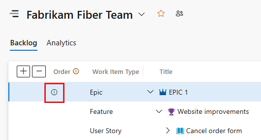 Der Screenshot zeigt das Informationssymbol, auf dem Sie feststellen können, ob ein Element neu angeordnet werden kann.
