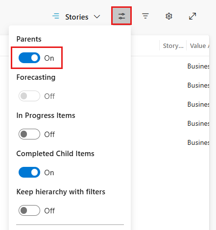 Screenshot zeigt Ansichtsoptionen für Backlogs mit aktivierten Eltern.