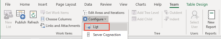 Screenshot of Team ribbon, Configure, List menu option.