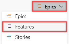 Screenshot, der zeigt, wie Sie die Portfolio-Backlog-Ebene (Features oder Epics) auswählen.
