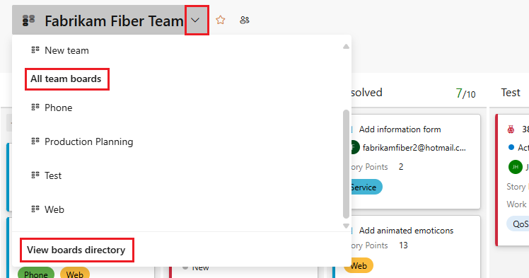 Screenshot der Teambordauswahl und der Option 