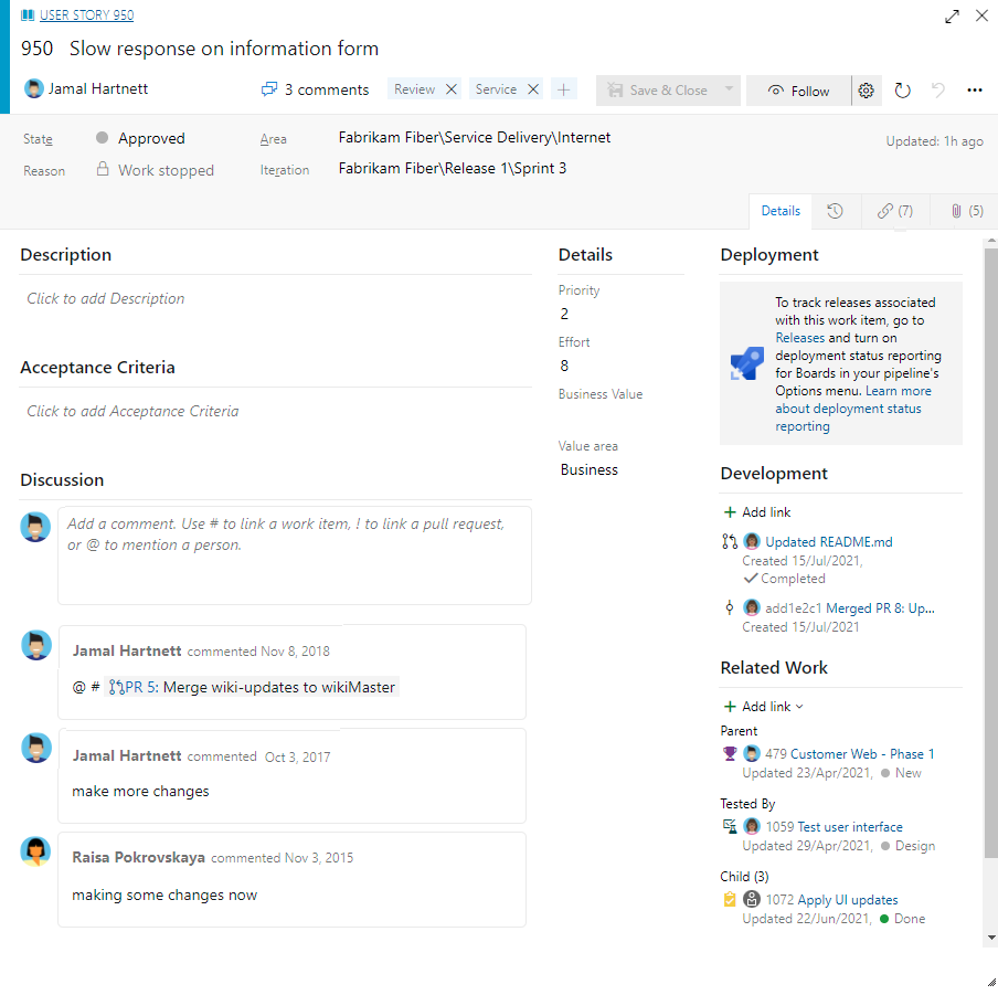 Screenshot von Azure Boards Arbeitselementformular, Benutzergeschichte