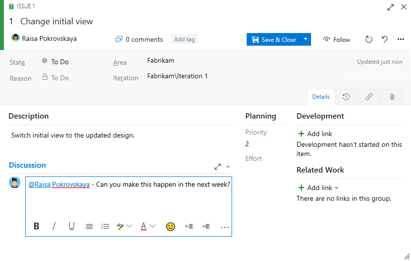 Screenshot, der Details im Diskussionsfeld des Arbeitselementformulars 