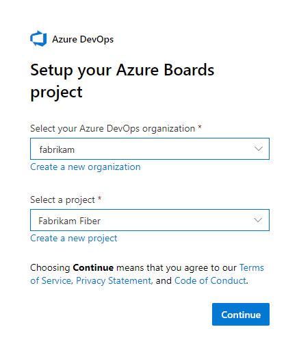 Einrichten Ihres Azure Boards Projekts, Auswählen von Organisation und Projekt