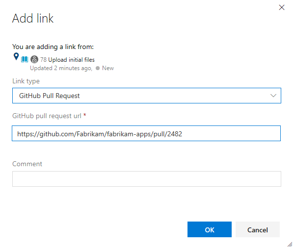 Screenshot of work item form, Links tab, Add link dialog, GitHub pull request link type selected.