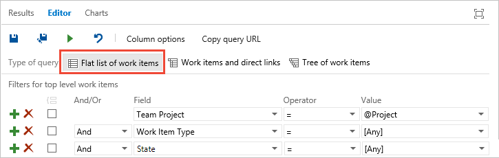 Screenshot of Query Editor with flat list of work items selected.