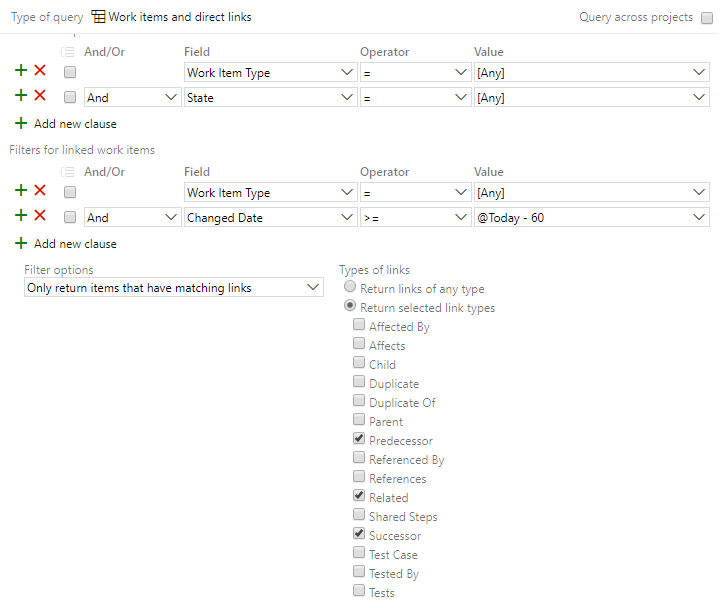 Screenshot: Abfrage-Editor, Direktlinkabfrage, alle Arbeitselemente und Status.