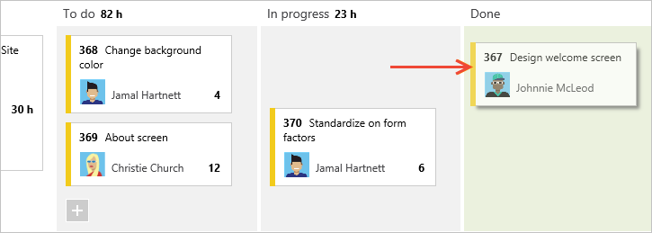 Screenshot des Taskboards, Ziehen und Ablegen zum Aktualisieren des Status.