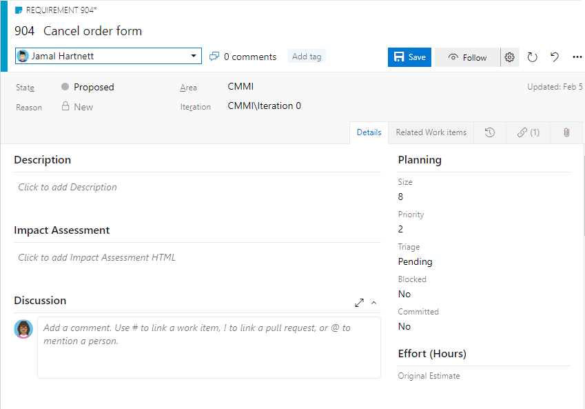 Screenshot of Requirements work item form.