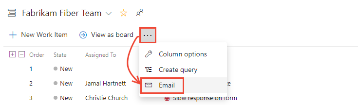 Screenshot: Backlog – Kontextmenü – Option zum Senden per E-Mail (TFS 2018 und höhere Versionen)