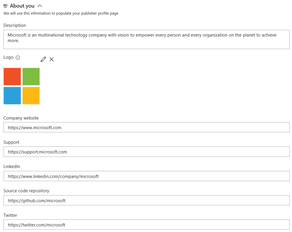 Screenshot des Abschnitts über Sie für Microsoft-Verleger.