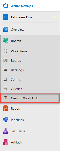 Benutzerdefinierter Hub wurde Azure Boards hinzugefügt.
