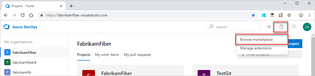 Screenshot mit hervorgehobenem Einkaufstaschensymbol und der Auswahl der 'Marketplace durchsuchen'-Schaltfläche.