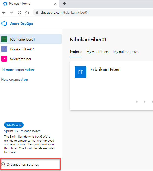 Screenshot: Zahnradsymbol und hervorgehobene Organisationseinstellungen